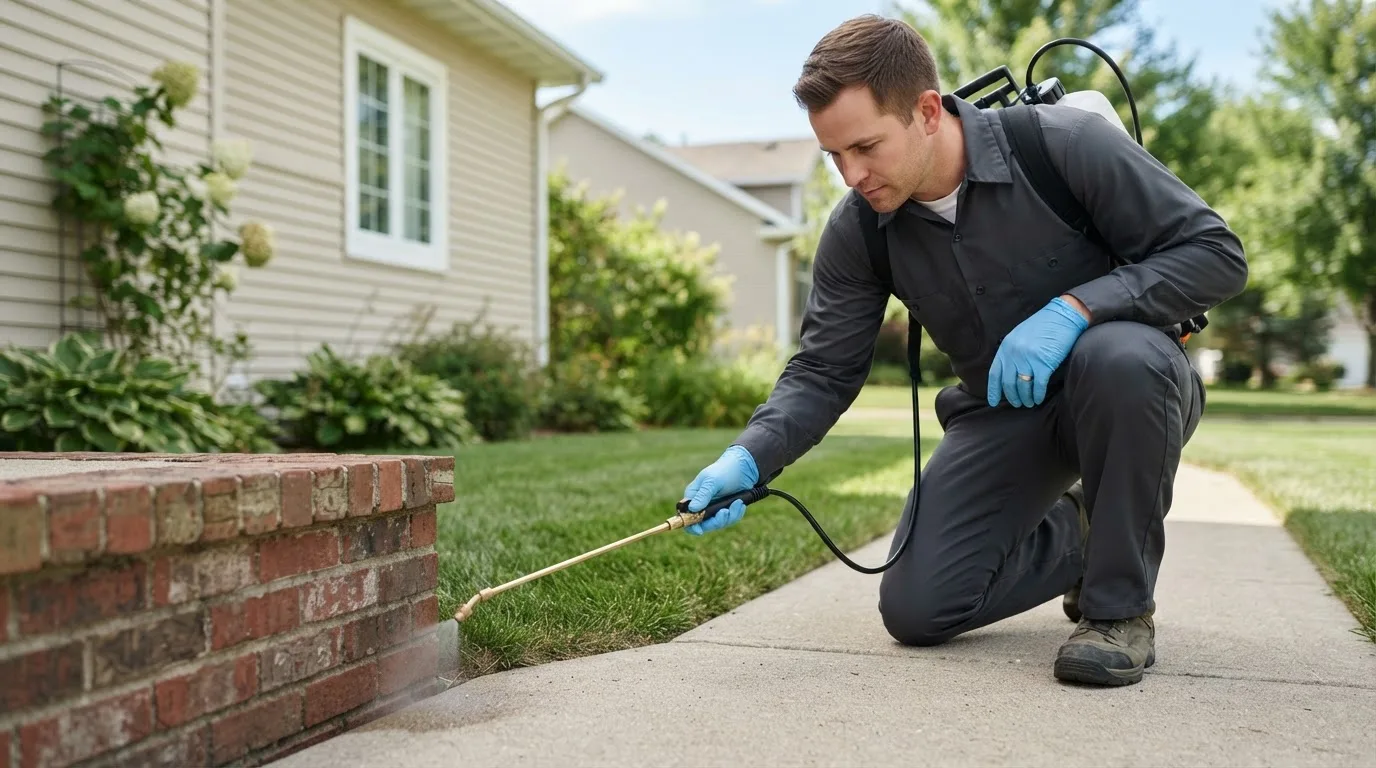 Pest control technician treating a home near North Hartland, VT
